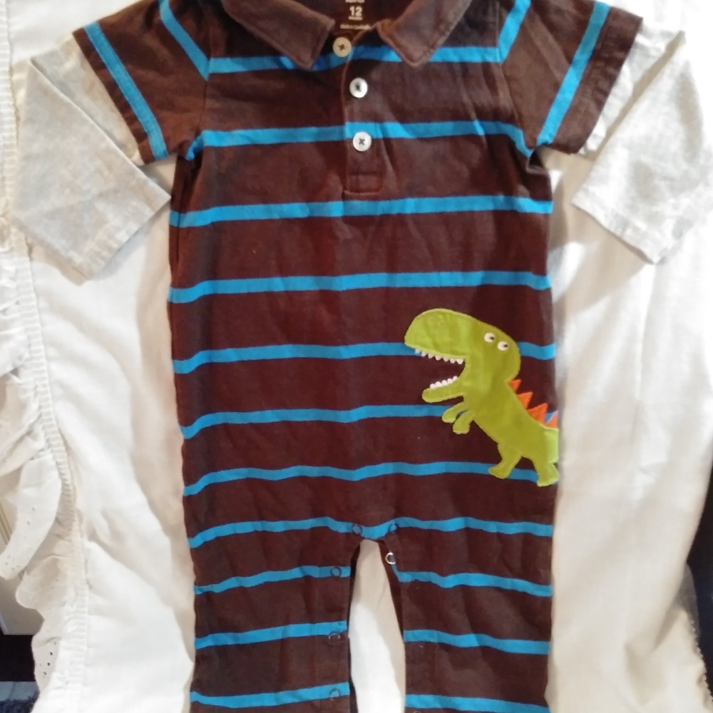 Carter's Boys Collared Onesie Striped w/T-Rex 12 M